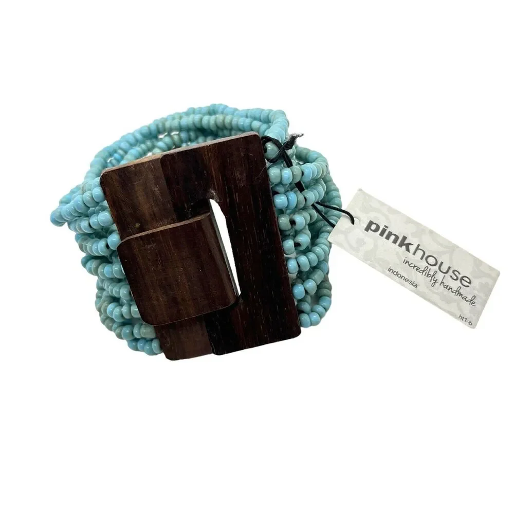 Pink House Style Stretch Bracelet Boho Glass Bead Wood Buckle New with Tag NWT